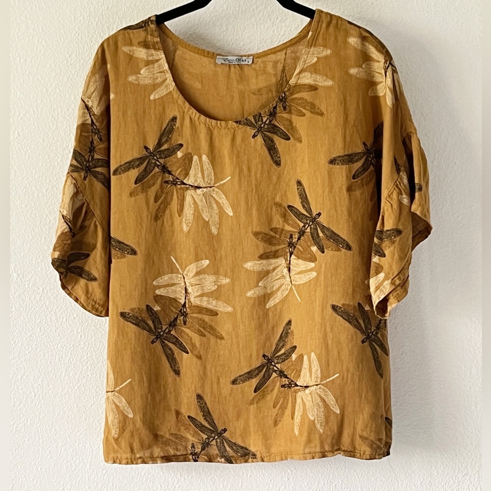 Elena Baldi Linen Lagenlook Brown & Gold Dragonfly Ruffled Sleeve Shirt Small